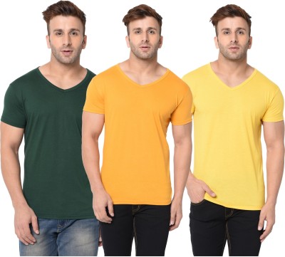 Behemoth Solid Men V Neck Dark Green, Yellow T-Shirt