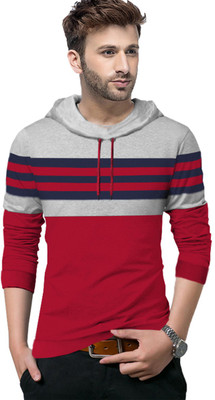 Tripr Striped Men Hooded Neck Red, Grey, Dark Blue T-Shirt