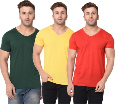 Unite Wear Solid Men V Neck Dark Green, Red, Yellow T-Shirt