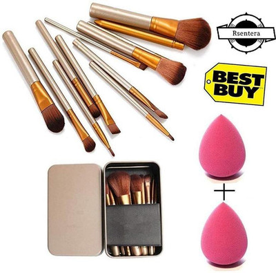 Rsentera 12pc makeup brush set with 2 spounge puff(14 Items in the set)