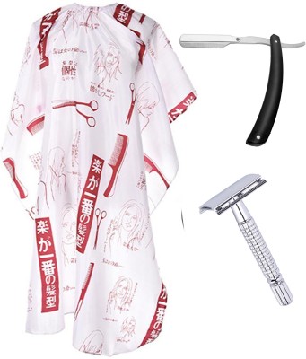 Angel Infinite Combo Of Hair Cutting Apron Cape(Black), Straight Razor(Black), and Safety Razor(Silver) Set Of 3(3 Items in the set)