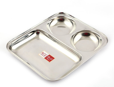KCL Stainless Steel Extra Deep Bhojan Patra Round Compartment Plate - 3 in 1 -1 Unit - Diamater - 22.5 Cms Dinner Plate