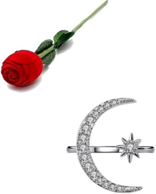 MYKI Statement Moon & Star Adjustable Ring For Women & Girls Stainless Steel Swarovski Zirconia Sterling Silver Plated Ring (S) with Rose box packing Stainless Steel Cubic Zirconia Silver Plated Ring