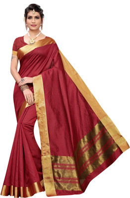 FABFIZA Solid/Plain Kasavu Cotton Silk Saree(Maroon)
