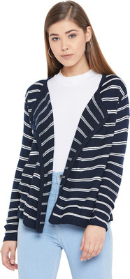 DUKE Woven V Neck Casual Women Blue, White Sweater