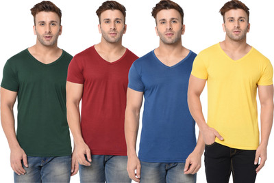 Jangoboy Solid Men V Neck Multicolor T-Shirt