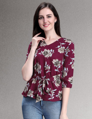 Selvia Casual 3/4 Sleeve Floral Print Women Maroon Top