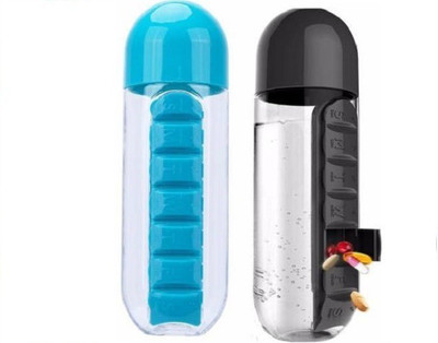 SEAHAVEN Water Bottle Weekly Seven Compartments With Pill Bottle 250 ml Bottle(Pack of 2, Multicolor, Plastic)