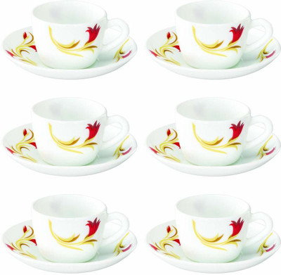 Larah by Borosil Pack of 12 Opalware Larah By Borosil Red Lily(White, Cup and Saucer Set)