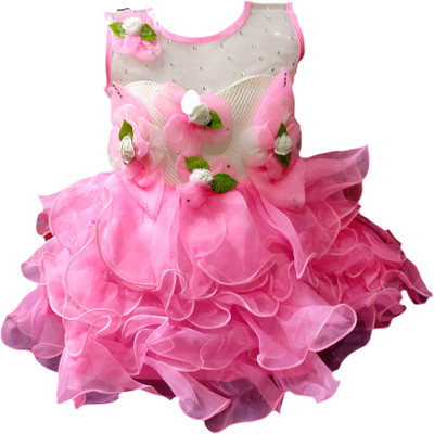 socho samjo Girls Midi/Knee Length Party Dress(Pink, Sleeveless)