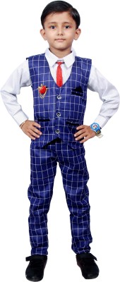 SAcollectoion Boys Festive & Party Shirt, Waistcoat and Pant Set(Blue Pack of 1)