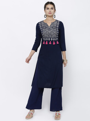 Vishudh Women Self Design Straight Kurta(Blue)