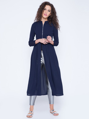 Vishudh Women Solid Frontslit Kurta(Blue)