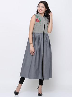 Vishudh Women Printed Flared Kurta(Grey)
