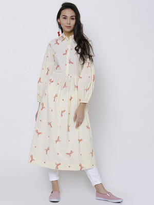 Vishudh Women Printed A-line Kurta(Yellow)