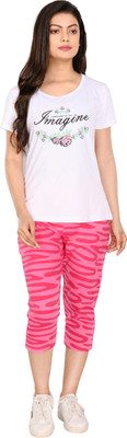 StyleAone Women Printed White, Pink Top & Capri Set