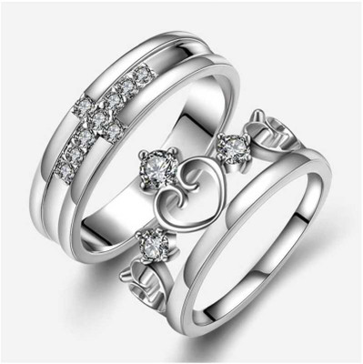 vien VIEN King Crown Queen And Cross Adjustable 925 Sterling Silver Plated Crystal Proposal Stainless Steel Cubic Zirconia Rhodium Plated Ring Set Copper, Metal Silver Plated Ring