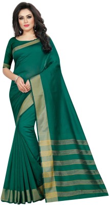 Suntex Striped Bollywood Cotton Silk Saree(Green)