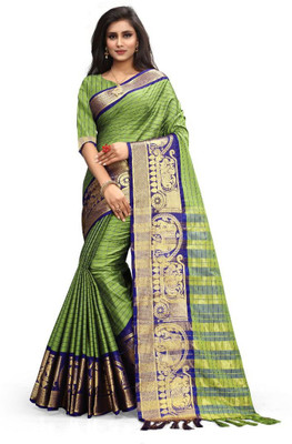 Grubstaker Printed Bollywood Cotton Silk Saree(Green)