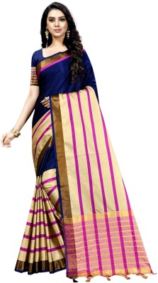 Suali Striped Bollywood Cotton Silk Saree(Dark Blue)