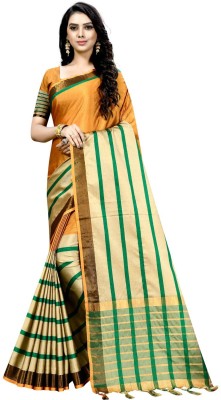 Suali Striped Bollywood Cotton Silk Saree(Beige, Mustard)