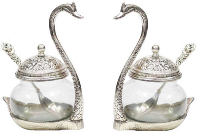 KridayKraft Metal Kissing Duck Transparent Glass Bowl with Spoon Set of 2 pcs for Saunf Supari Tray,Dry Fruit and Candy for Home & Offce Table Decoration Animal Showpiece Serving Bowl... Bowl Serving Set(Pack of 2)