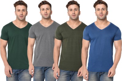 Jangoboy Self Design, Solid Men V Neck Dark Blue, Dark Green, Grey T-Shirt