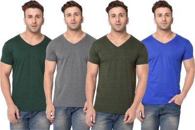 Adorbs Self Design, Solid Men V Neck Dark Green, Blue, Grey T-Shirt