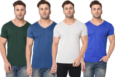Adorbs Solid, Self Design Men V Neck Grey, Blue, Dark Green T-Shirt