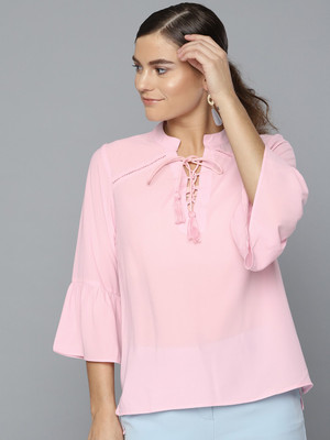 RARE Casual 3/4 Sleeve Solid Women Pink Top