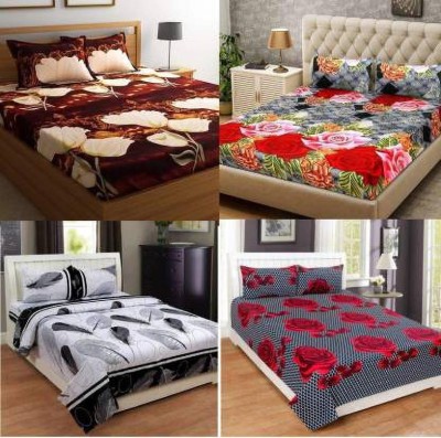 Sodha Collections 144 TC Polycotton Double Printed Flat Bedsheet(Pack of 4, Black, White, Red, Brown)