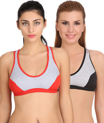 Arousy by Seamed Wirefree Girl's Bra Full Coverage Bra For Women Racerback Styled Milanche Fabric Sports Bra Pack of 2 Women Sports Non Padded Bra(Red, Grey)