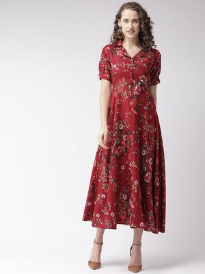 U&F Women Maxi Maroon, Beige, Black Dress