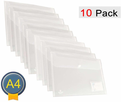 KATARIA Plastic A4 Document File Bag, Transparent Envelope Holder Storage Case, Snap Button Organizer, Clear Plastic Container for Papers, Stationery(Set Of 10, White)