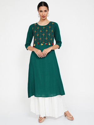 Melange by Lifestyle Women Embroidered A-line Kurta(Dark Green)