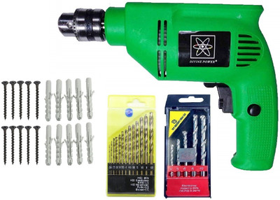 Inditrust Divine Power Electric 10MM drill machine with LEFT RIGHT rotation speed 13pc HSS And 5pcs Masonry Drill bits and 10 pcs use full Accessories . Pistol Grip Drill (10 mm Chuck Size) Pistol Grip Drill(10 mm Chuck Size)