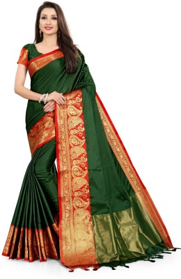 Toriox Woven, Embroidered, Checkered Banarasi Jacquard, Cotton Blend Saree(Dark Green)