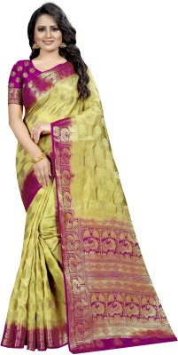 PICKWELL Self Design Banarasi Cotton Silk Saree(Green)