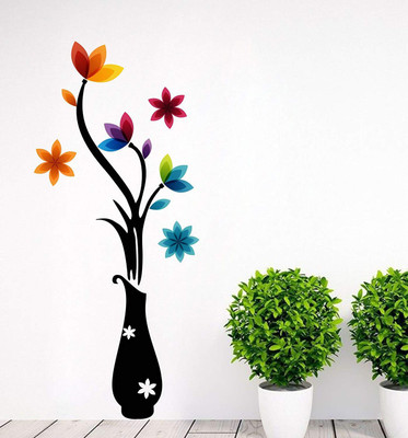 Decals Creation 35 cm Wall Sticker Colorful Flowers Pot Self Adhesive Sticker(Pack of 1)