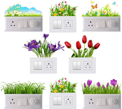 Decals Creation 35 cm Switch Sticker Green Grass Switch Board Sticker Wall Sticker Self Adhesive Sticker(Pack of 8)