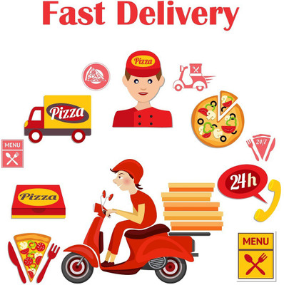 Wallzone 70 cm Pizza Fast Delivery Medium Vinyl Wallsticker(60 cm x 60 cm) Self Adhesive Sticker(Pack of 1)