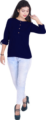 AZMAA Casual Roll-up Sleeve Solid Women Blue Top