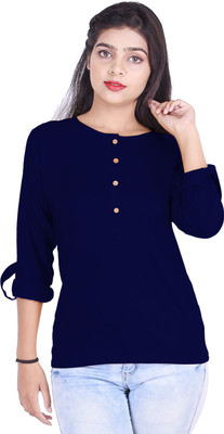 KURTI WORLD Casual Roll-up Sleeve Solid Women Dark Blue Top