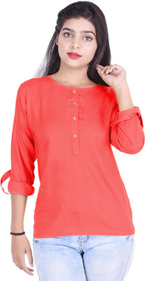 Breezing Bird Casual 3/4 Sleeve Solid Women Pink Top