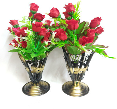 artificial hub Rose Lilies Flower with iron vase COMBO Red Rose Artificial Flower  with Pot(15 inch, Pack of 2, Flower with Basket)