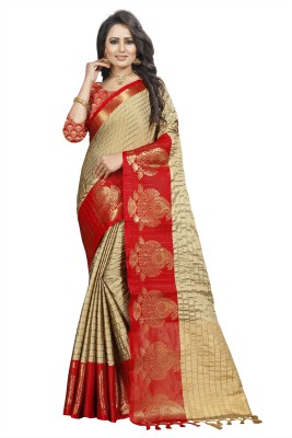 Hensi sarees shop Striped, Woven, Animal Print, Checkered Banarasi Cotton Linen, Jacquard Saree(Red, Beige)