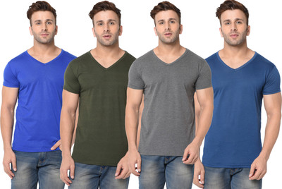 Adorbs Self Design, Solid Men V Neck Dark Green, Blue, Grey T-Shirt