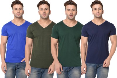 Jangoboy Self Design, Solid Men V Neck Dark Blue, Dark Green, Blue T-Shirt