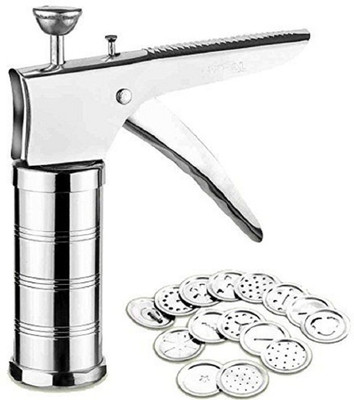 HONESTCREATION Stainless Steel Kitchen Press for Noodles and Snacks Sev Grater Cookies Maker with 15 Interchangeable Blades (Silver) Vegetable & Fruit Slicer(1 Chopper set)