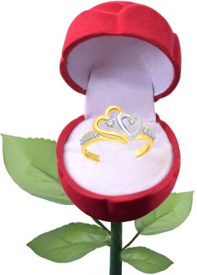 Classic Bonded Heart with Rose Alloy, Brass Cubic Zirconia Gold Plated Ring